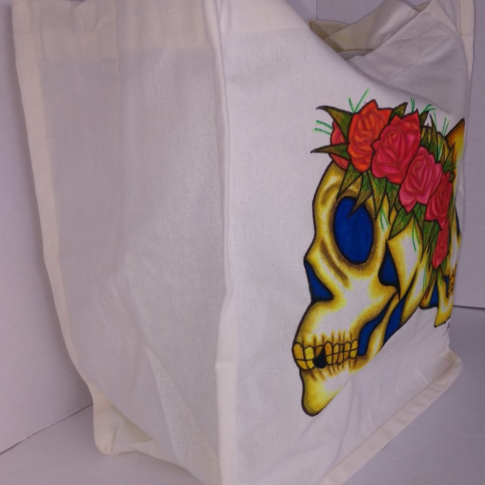 Hand-Painted Skull Tote Bag: Floral Rose Skulls, Reusable Canvas - Picture 6 of 16